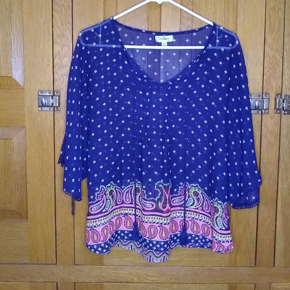 Olsenboye blue patterned flowy chiffon boho short sleeve peasant top - Picture 3 of 7